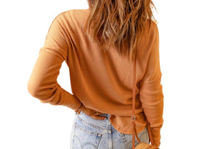 Orange waffle knit button up long sleeve top