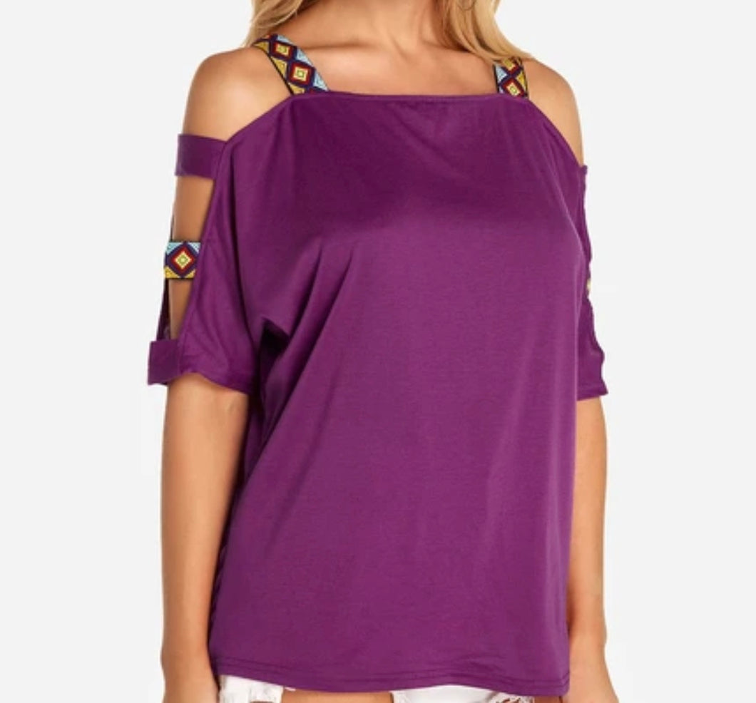Purple cut out cold shoulder top with patterned straps
