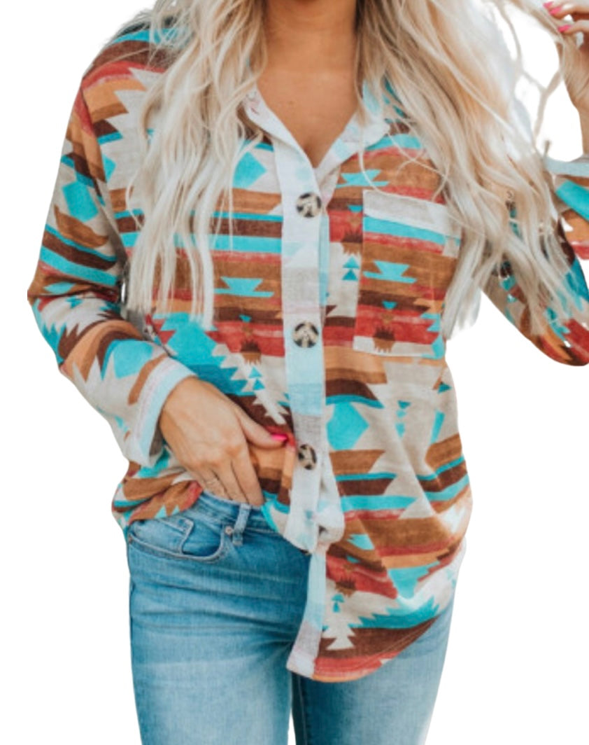 Multi color Aztec print button up shirt