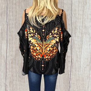 Cold shoulder top with butterfly pattern