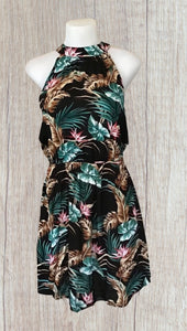 Black tropical print halter style dress