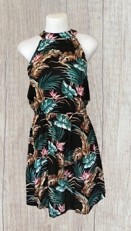 Black tropical print halter style dress
