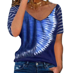 Blue tie-dye tee with striped sleeves