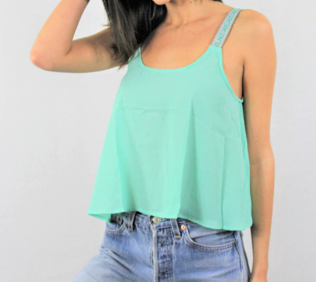 Mint green chiffon summer top with patterned straps