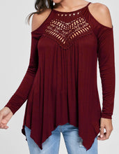 Load image into Gallery viewer, Cold shoulder handkerchief style top with crochet front
