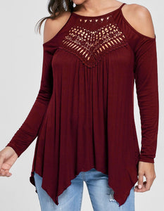 Cold shoulder handkerchief style top with crochet front