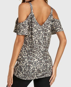 Cold shoulder animal print top.