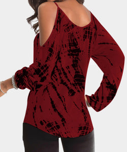 Cold shoulder tie dye burgundy long sleeve top