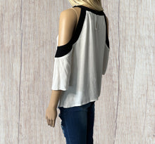 Load image into Gallery viewer, White cold shoulder blouse with black trim
