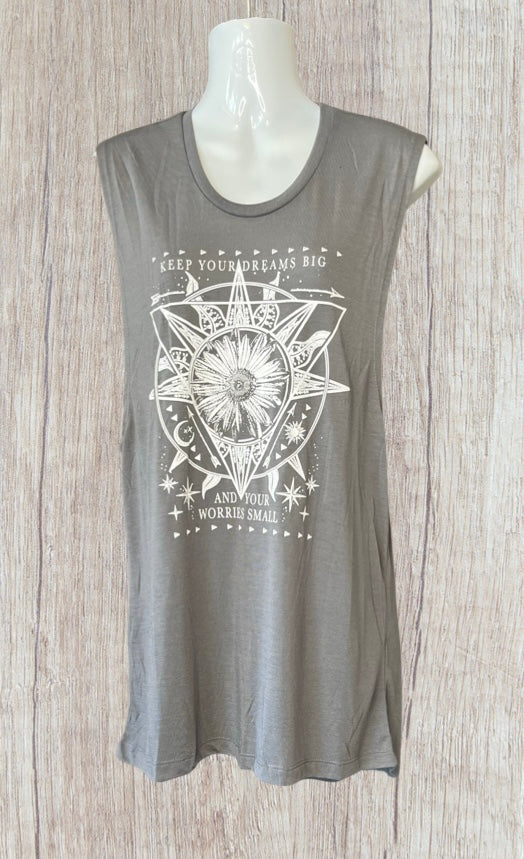 Long grey sleeveless tank top with saying on it