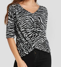 Load image into Gallery viewer, Grey zebra print cold shoulder top with crossed front
