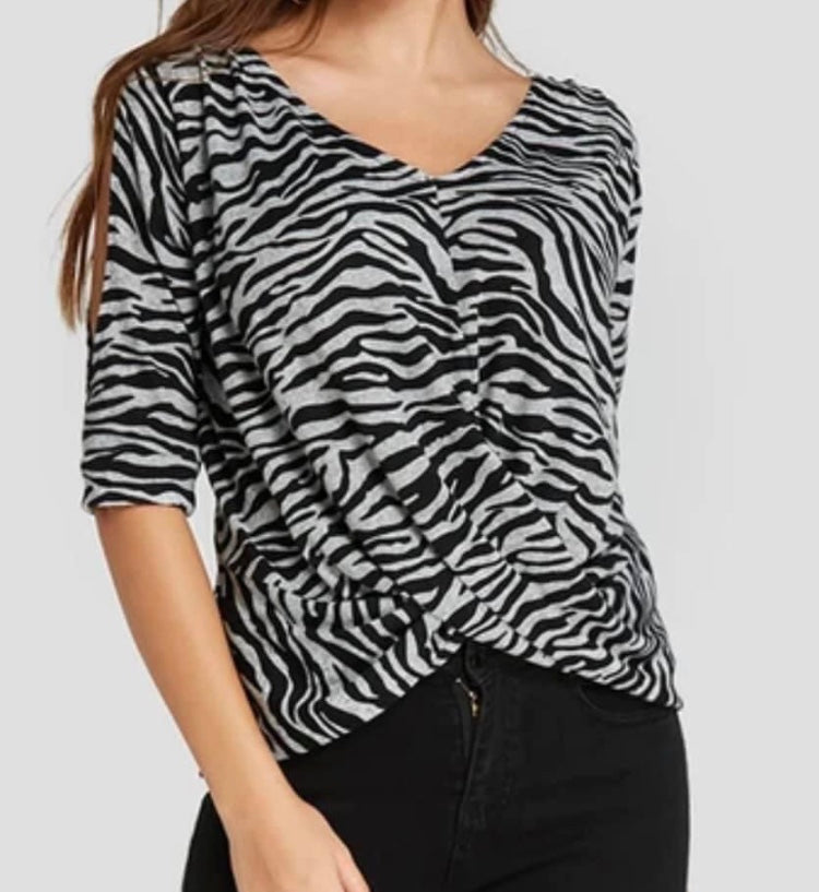 Grey zebra print cold shoulder top with crossed front