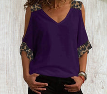 Load image into Gallery viewer, Cold shoulder V-neck tee with leopard print trim
