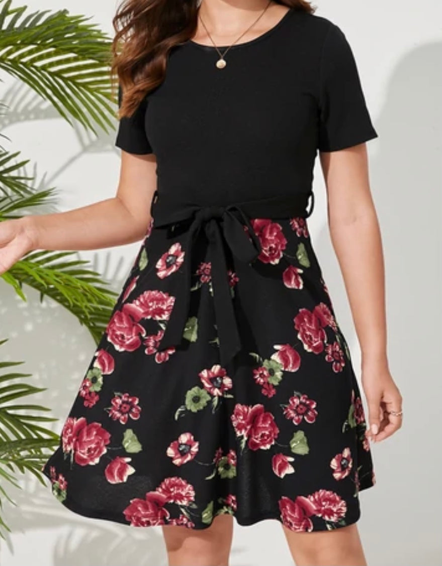 Black floral crew neck mini dress