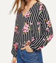 Load image into Gallery viewer, Black striped floral V-neck blouse
