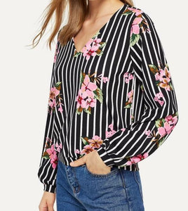 Black striped floral V-neck blouse