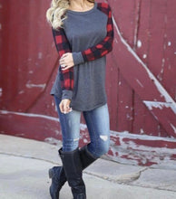 Load image into Gallery viewer, Long sleeve grey sweater with red plaid sleeves

