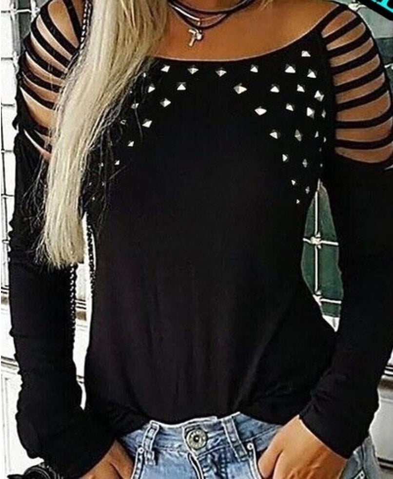 Studded long sleeve ladder sleeve top