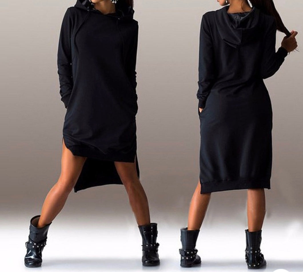 Black sweater dress with hood and pockets.