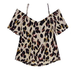 Leopard print cold shoulder short sleeve blouse