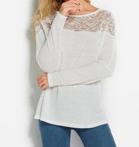 Plus size white lace insert waffle knit top