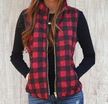 Load image into Gallery viewer, Red plaid vest with zipper and pockets.
