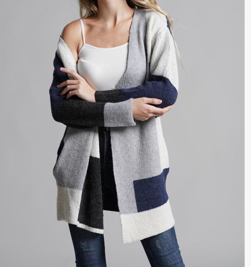 Navy color block cardigan with pockets