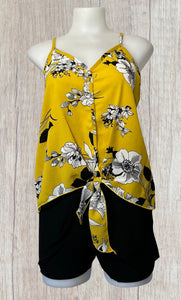 Yellow floral tie up top with decorative buttons