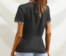 Load image into Gallery viewer, Black crew neck tee with leopard print trim
