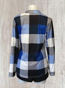 Blue color block plaid v-neck blouse