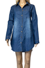 Load image into Gallery viewer, Long sleeve denim shirt/dress with one upper pocket. Belt not included.
