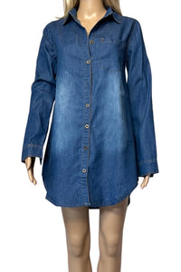 Long sleeve denim shirt/dress with one upper pocket. Belt not included.