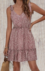 Dusty pink leopard print knotted shoulder dress