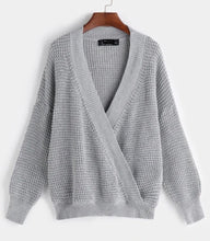 Load image into Gallery viewer, Grey crossed front design deep v-neck long sleeve knit sweater
