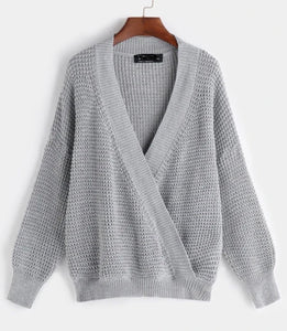 Grey crossed front design deep v-neck long sleeve knit sweater