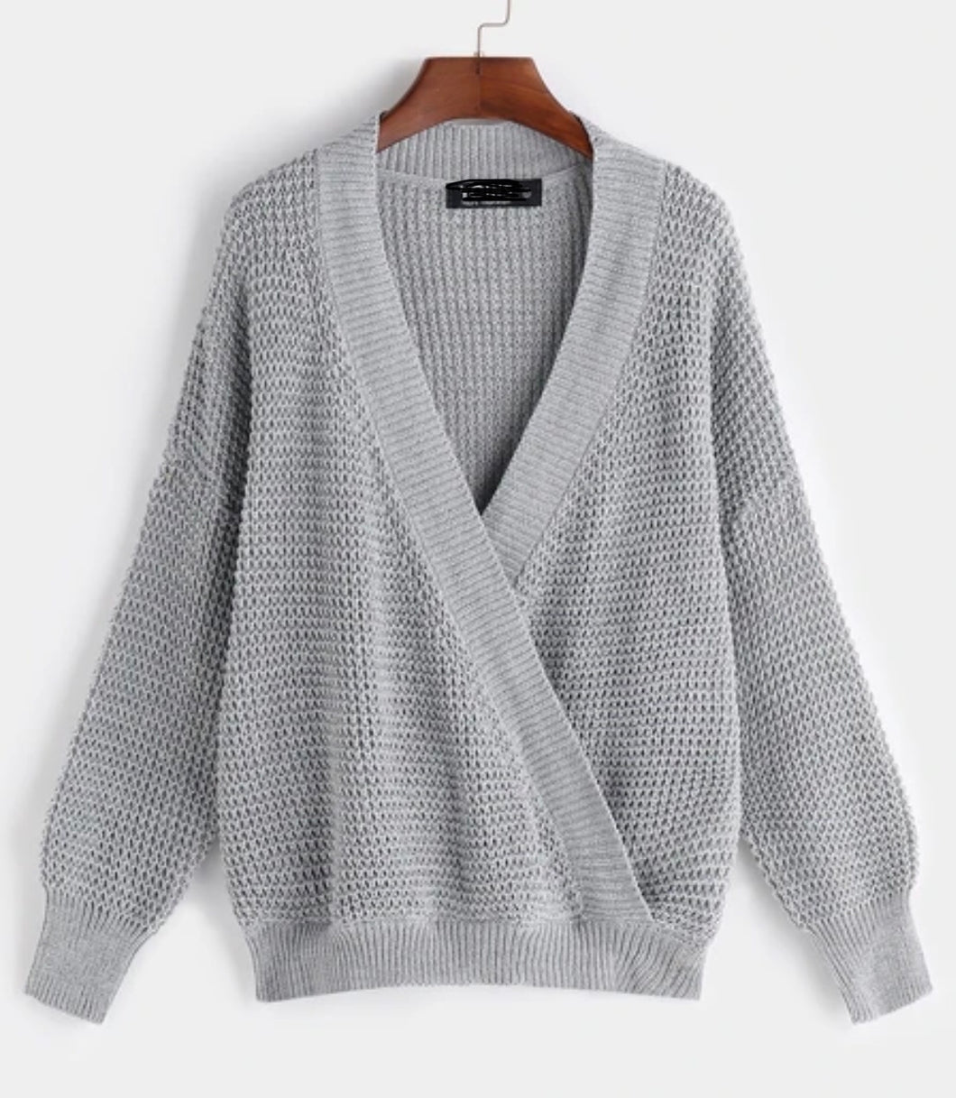 Grey crossed front design deep v-neck long sleeve knit sweater