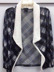 Black plaid cardigan with Sherpa trim