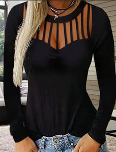 Black cut out round neck long sleeve top