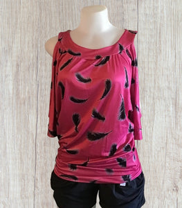 Cold shoulder feather print top