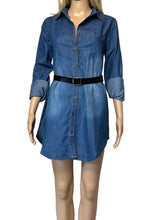 Load image into Gallery viewer, Long sleeve denim shirt/dress with one upper pocket. Belt not included.
