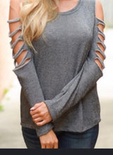 Load image into Gallery viewer, Lightweight long sleeve top with distressed cutout design
