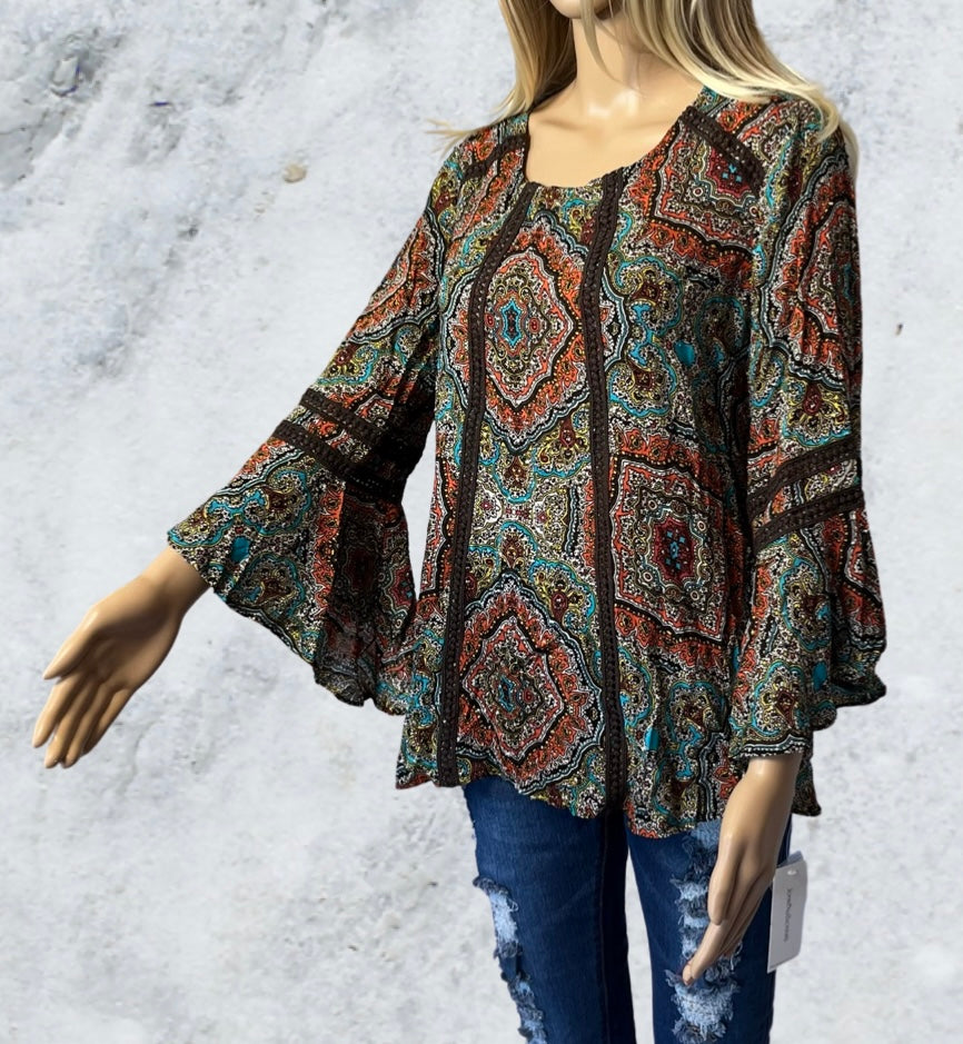 Multi color top with bell sleeves