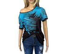 Load image into Gallery viewer, Blue/black short sleeve patterned top with decorative buttons
