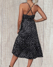 Load image into Gallery viewer, Black polka dot belted dress with criss cross back
