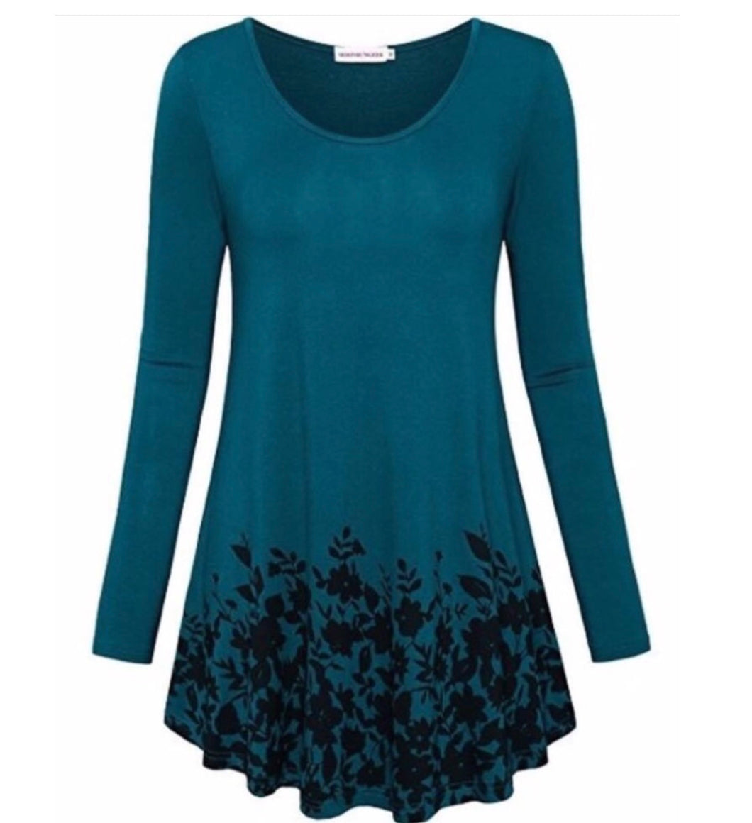 Teal tunic top with black floral design