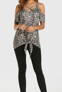 Cold shoulder animal print top.