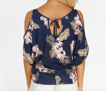 Load image into Gallery viewer, Cold shoulder floral top with tie up back
