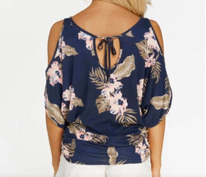 Cold shoulder floral top with tie up back