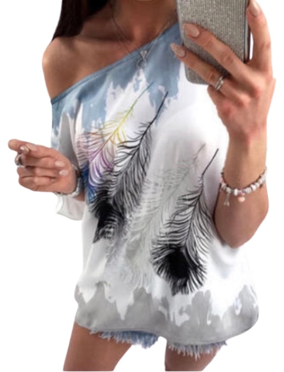 Off one shoulder loose fitting feather pattern top