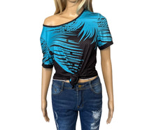 Load image into Gallery viewer, Blue/black short sleeve patterned top with decorative buttons
